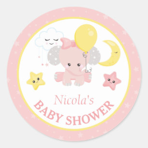 Sticker Rond Éléphant fille avec des étoiles Baby Shower