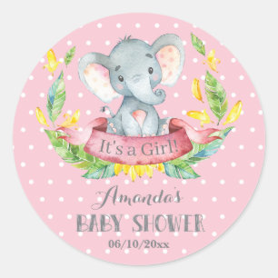 Sticker Rond Éléphant Fille Baby Shower Rose et Gris