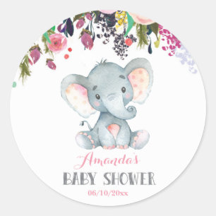 Sticker Rond Éléphant Fille Floral Baby Shower Rose et Gris
