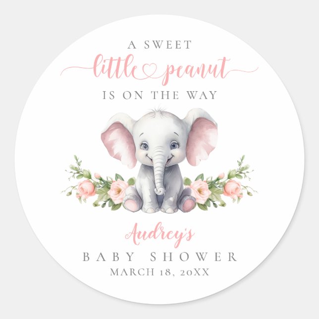 Sticker Rond Eléphant Floral Rose Cute Bébé Fille Douche (Devant)