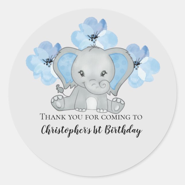 Sticker Rond Éléphant Garçon Bleu Fleurs Ballons Anniversaire  (Devant)