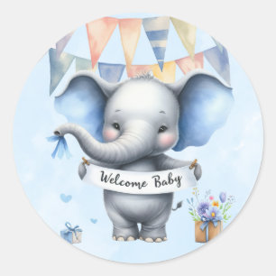 Sticker Rond Eléphant gris bleu mignonne Bienvenue bébé garçon 