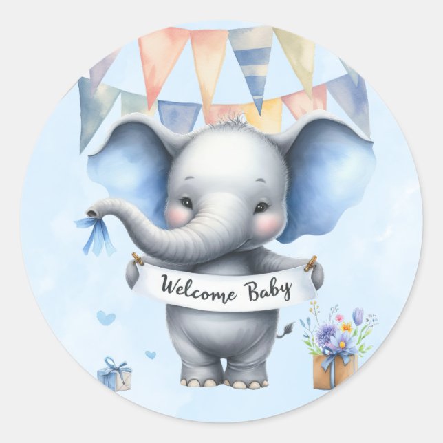 Sticker Rond Eléphant gris bleu mignonne Bienvenue bébé garçon  (Devant)