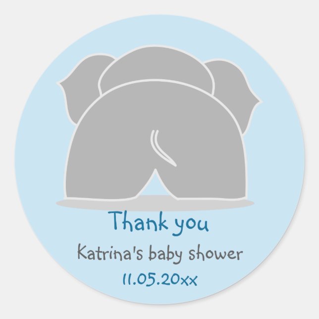 Sticker Rond Eléphant gris mou Baby shower bleu Merci (Devant)