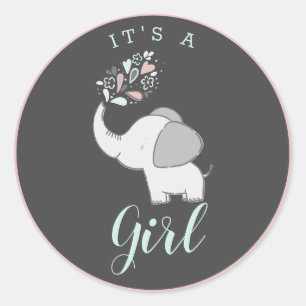 Sticker Rond Eléphant gris rose et menthe C'est une Fille Favor
