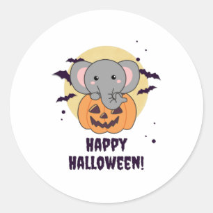 Sticker Rond Elephant In Pumkin Cute Elephant Happy Halloween