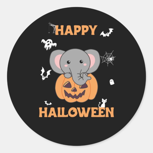 Sticker Rond Elephant In Pumkin Cute Elephant Happy Halloween (Devant)