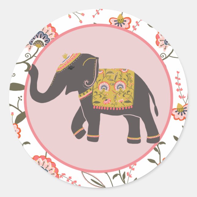 Sticker Rond Éléphant Indien Motif Fleur Jaune Rose (Devant)
