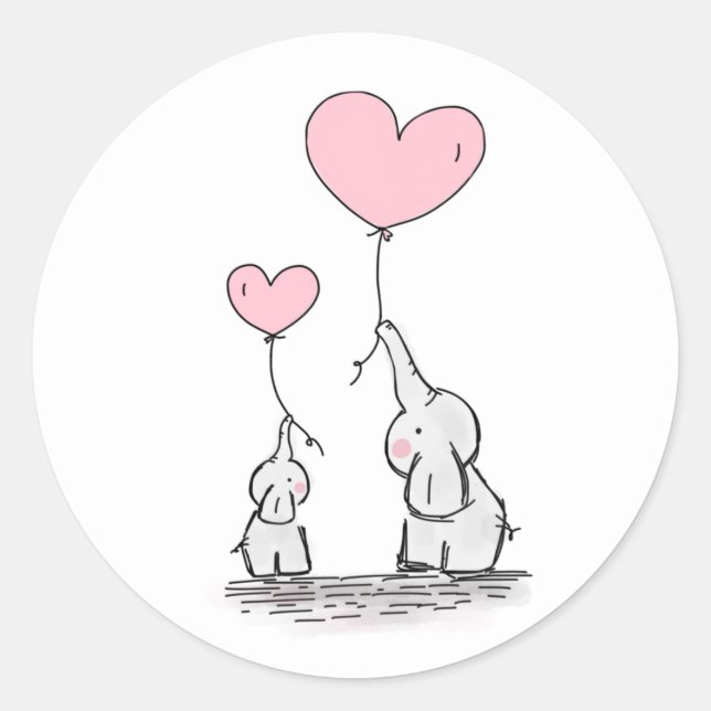 Sticker Rond Eléphant mère et bébé avec ballons de coeur (Devant)