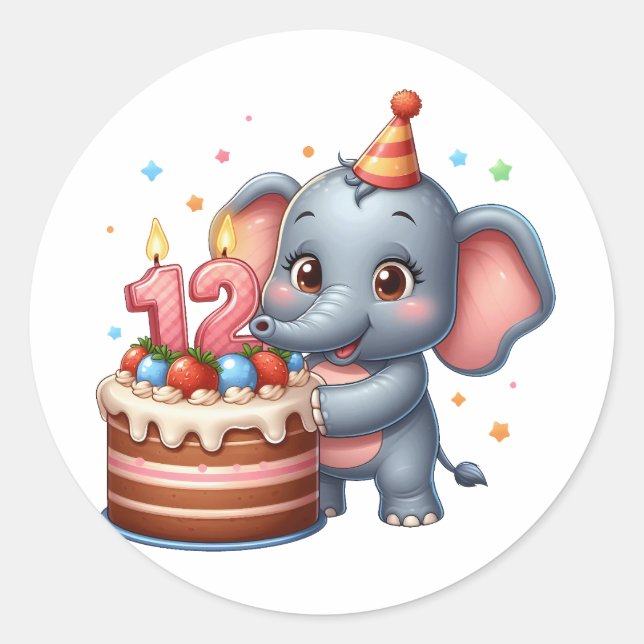 Sticker Rond Éléphant Mignon 12e Anniversaire (Devant)
