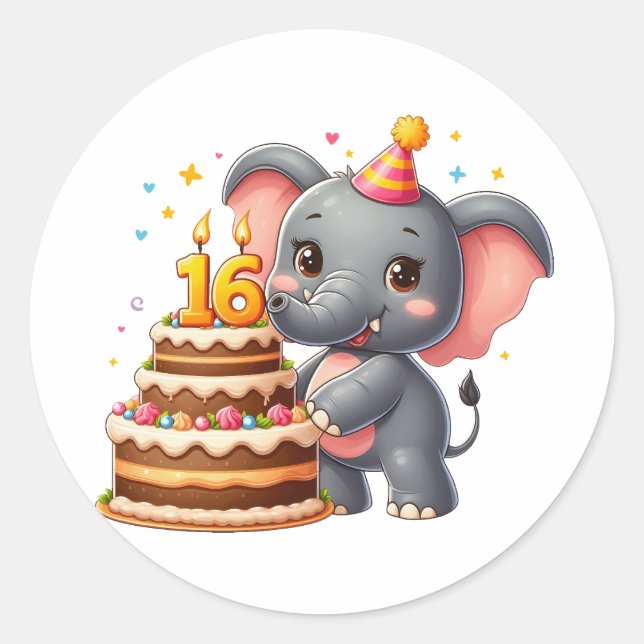 Sticker Rond Éléphant mignon 16e anniversaire (Devant)