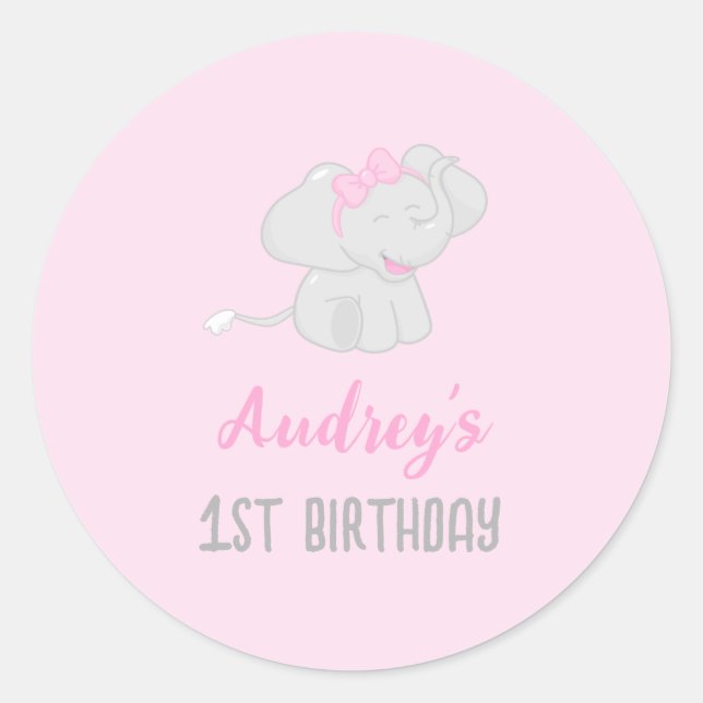 Sticker Rond Eléphant mignon 1er Anniversaire rose (Devant)
