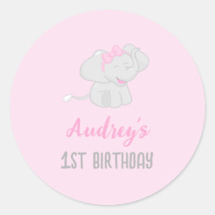 Sticker Rond Eléphant mignon 1er Anniversaire rose