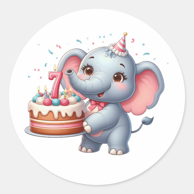 Sticker Rond Éléphant Mignon 7ème Anniversaire (Devant)