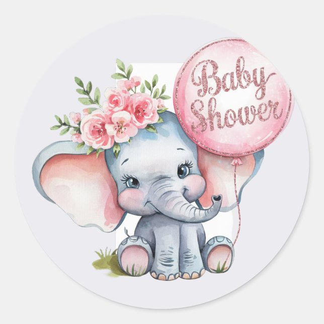 Sticker Rond Eléphant mignon avec ballons roses Baby shower fil (Devant)