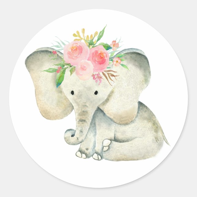 Sticker Rond Eléphant mignon bébé fille avec fleurs (Devant)