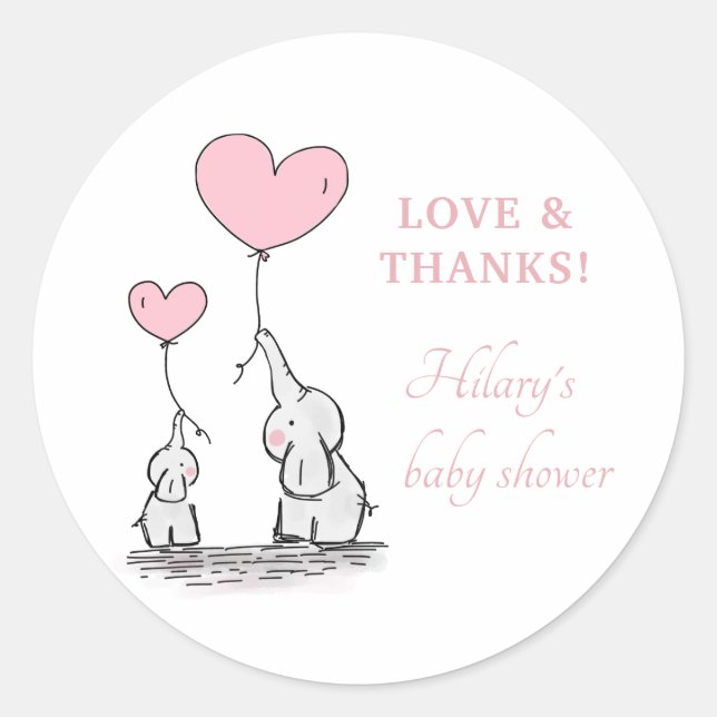 Sticker Rond Eléphant mignon Coeur rose Ballons Baby shower fil (Devant)