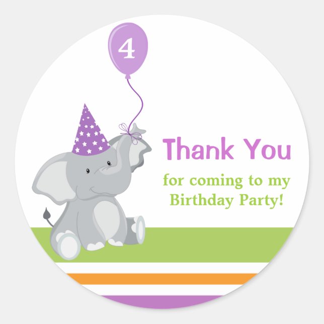 Sticker Rond Eléphant mignon et ballon Anniversaire Merci Stick (Devant)