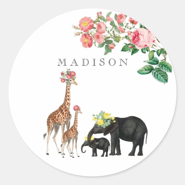 Sticker Rond Eléphant mignon et girafe Floral Nom personnalisé (Devant)