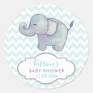 Sticker Rond Eléphant mignon Merci Baby shower bleu Chevron