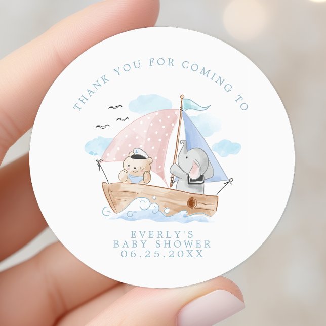 Sticker Rond Éléphant Nautionique Ours Aquarelle Bateau Baby Sh (Créateur téléchargé)