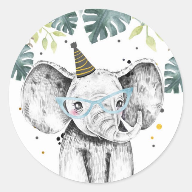 Sticker Rond Elephant Party Animaux Safari Garçon Anniversaire  (Devant)