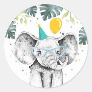Sticker Rond Elephant Party Animaux Safari Garçon Anniversaire 