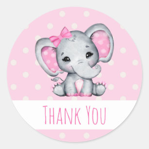 Sticker Rond Eléphant rose bébé avec Polka Dot Oreilles Merci