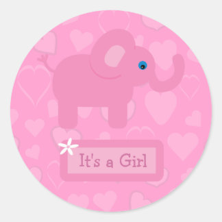 Sticker Rond Eléphant rose & Coeurs Baby Girl Faire-part