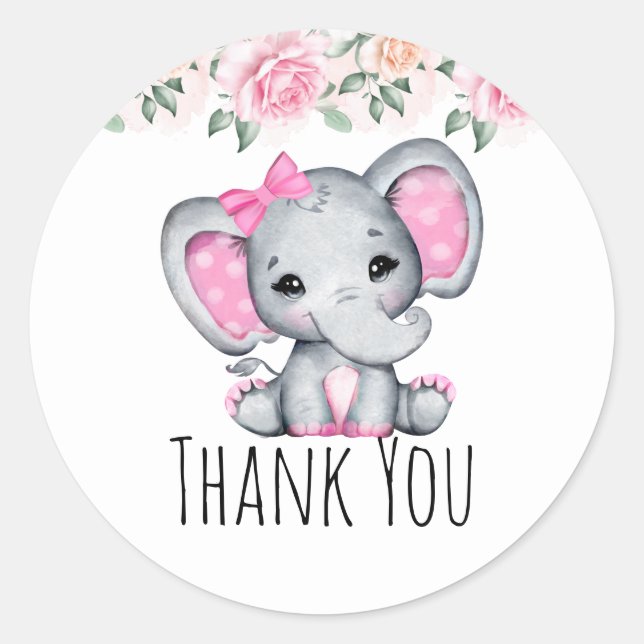 Sticker Rond Eléphant rose mignonne et Merci frontalier Rose (Devant)