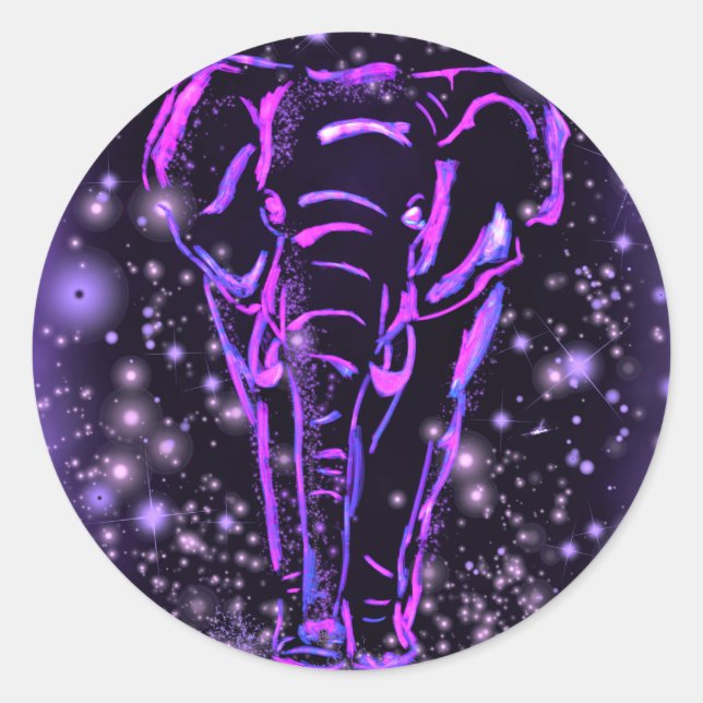 Sticker Rond Eléphant Rose Violet Neon Marchant La Nuit étoilée (Devant)