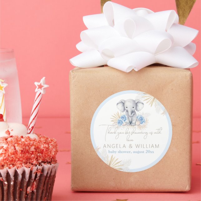 Sticker Rond Elephant Safari Boho Blue Merci Baby shower (Fête)