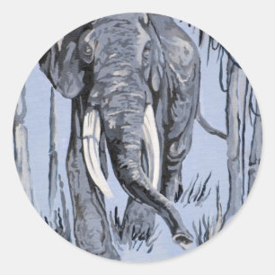 Sticker Rond Eléphant Se Promenant Dans La Savane Boisée En Ble