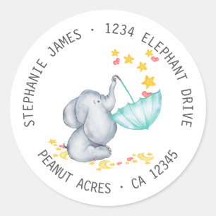 Sticker Rond Elephant & Stars Baby shower Adresse de retour Lab