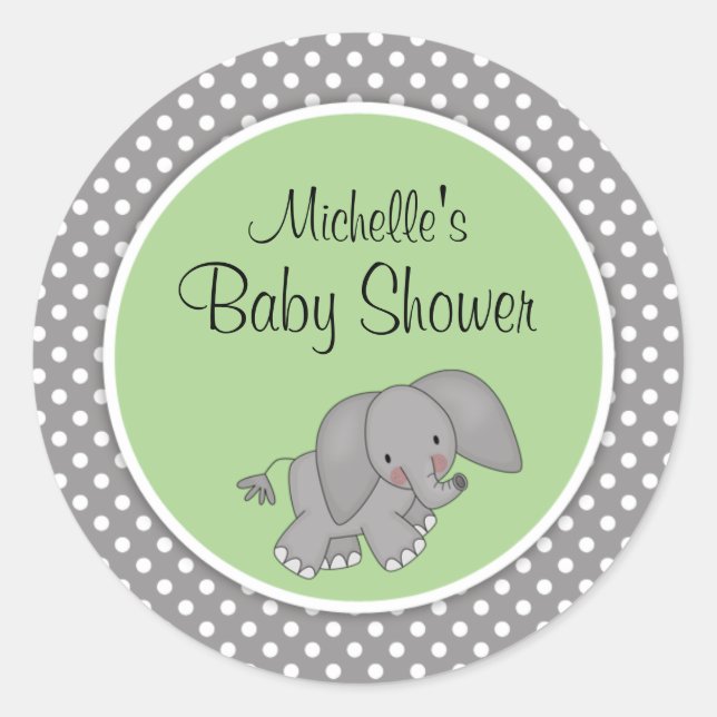 Sticker Rond Eléphant vert mignon Baby shower neutre genre (Devant)