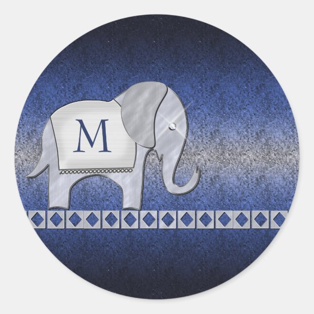 Sticker Rond Elephant Walk Monogram Argent/Blue ID390 (Devant)
