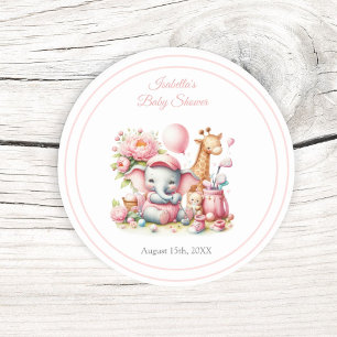 Sticker Rond Éléphanteau et girafe fille rose pour Baby Shower