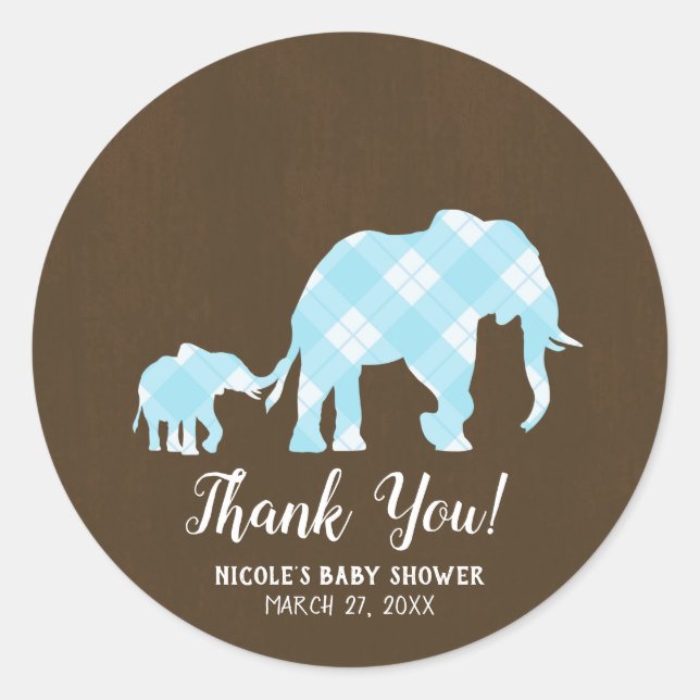 Sticker Rond Éléphants Bleus Fête de Naissance Moderne et Branc (Devant)