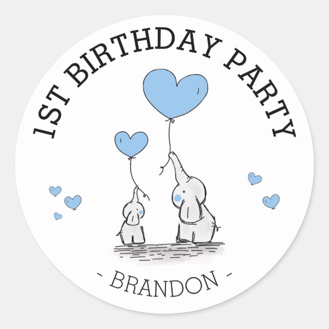 Sticker Rond Éléphants & Cœurs Bleus Mignons | 1er Anniversaire (Devant)