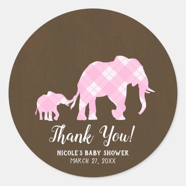 Sticker Rond Eléphants roses Brown Baby shower moderne tendance (Devant)
