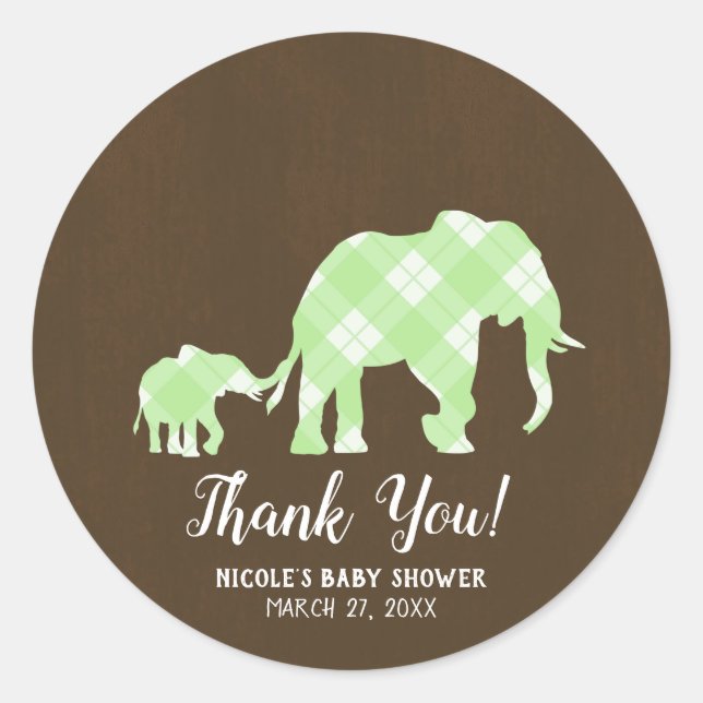 Sticker Rond Éléphants Verts Fête de Naissance Moderne Branchée (Devant)
