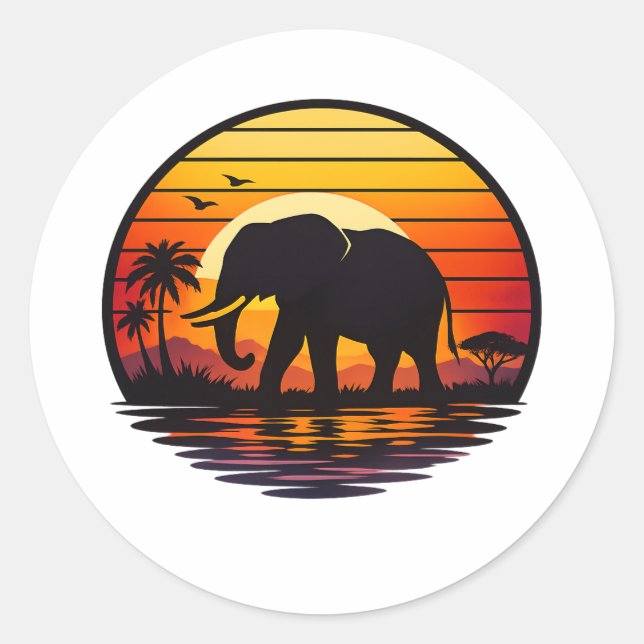 Sticker Rond Élévant silhouette coucher de soleil rétro (Devant)