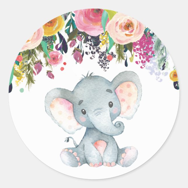Sticker Rond Élève Fleur Éléphant Baby Shower Rose et Gris (Devant)