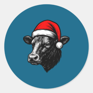 Sticker Rond Éleveur Black Angus Noël Vache Chapeau de Père Noë