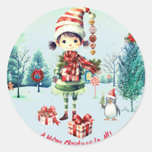 Sticker Rond Elf Girl Wreath Ornements Neige Arbres