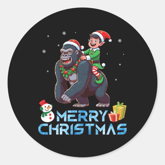 Sticker Rond Elf Riding Gorilla Snowman Présenter Joyeux Noël (Devant)