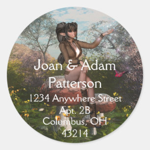 Sticker Rond Elfe assis sur un champignon Adresse de retour Éti