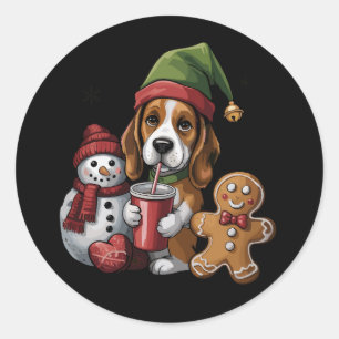 Sticker Rond Elfe de chien Basset Hound de Noël Joyeux Noël