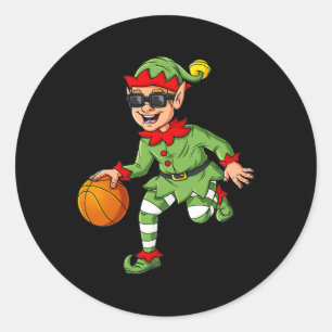 Sticker Rond Elfe de Noël Conduit Un Basket-ball Amusants Garço