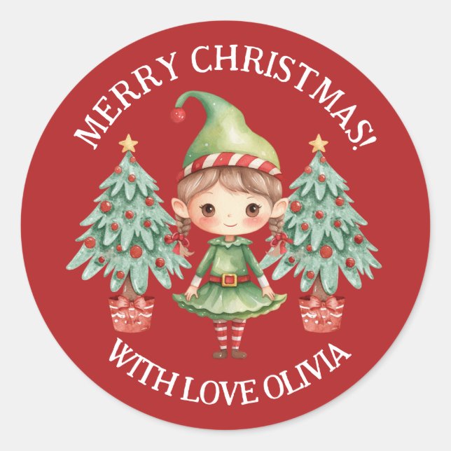 Sticker Rond Elfe Fille de Dessin Animé Mignon Joyeux Noël Auto (Devant)